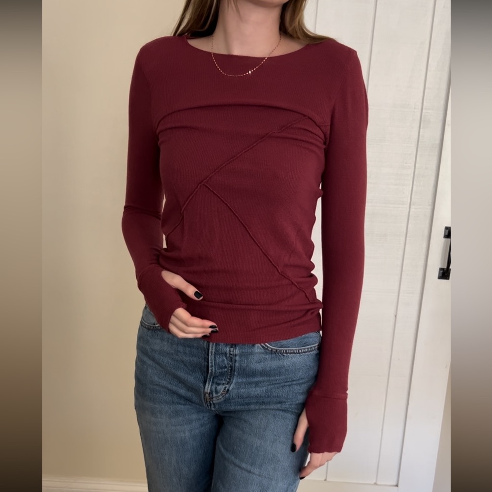 Free People Movement Waffle Knit Red Long Sleeve Top Size S